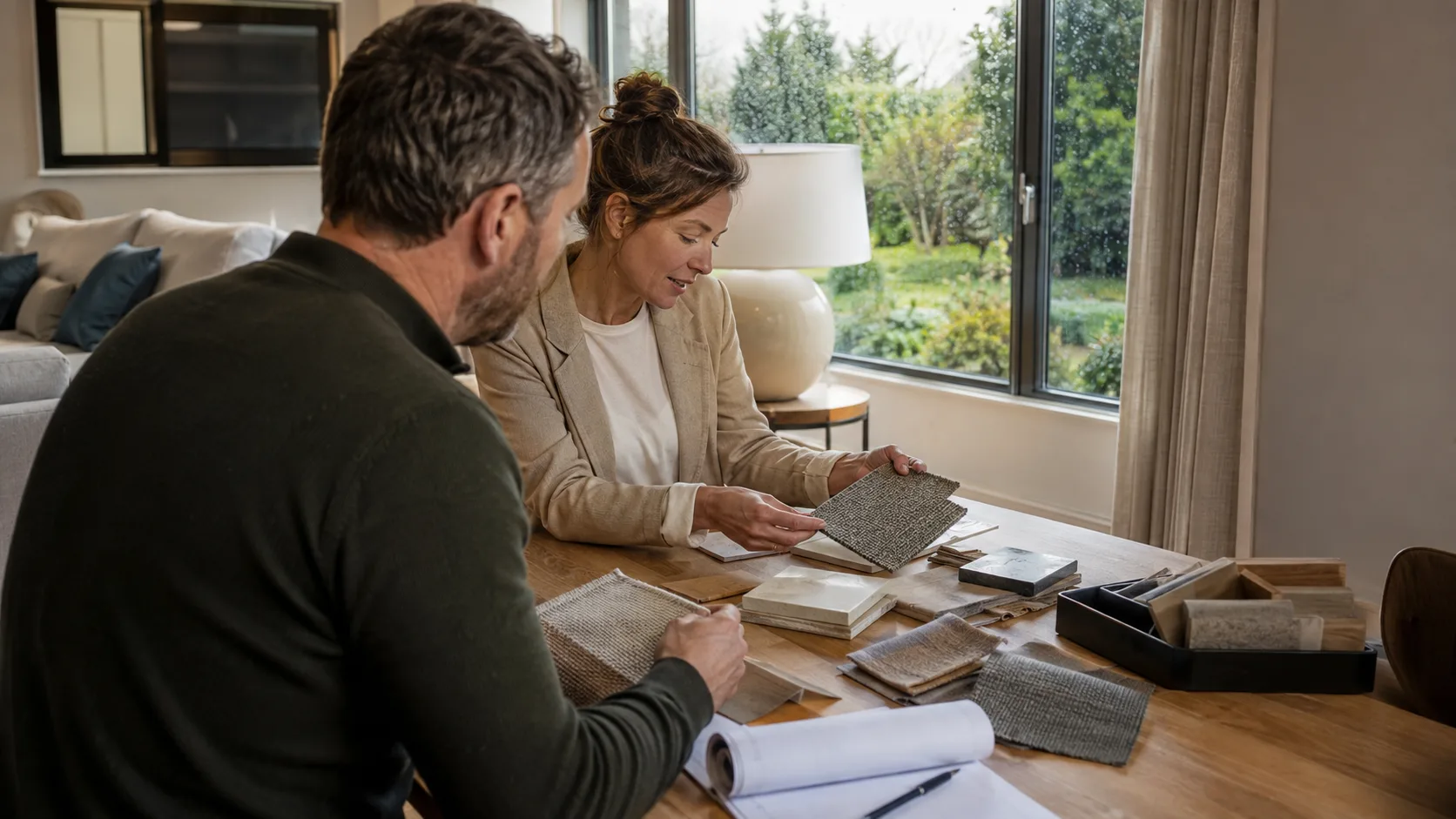 An interior designer compares material samples in a client home in Ireland