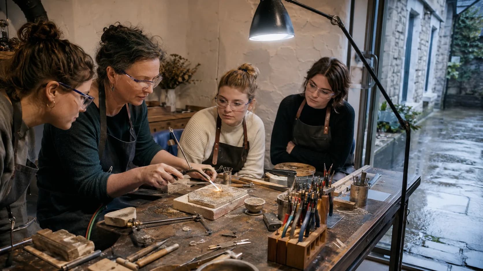 Makers shaping silver at wooden benches while a tutor demonstrates in an Irish workshop
