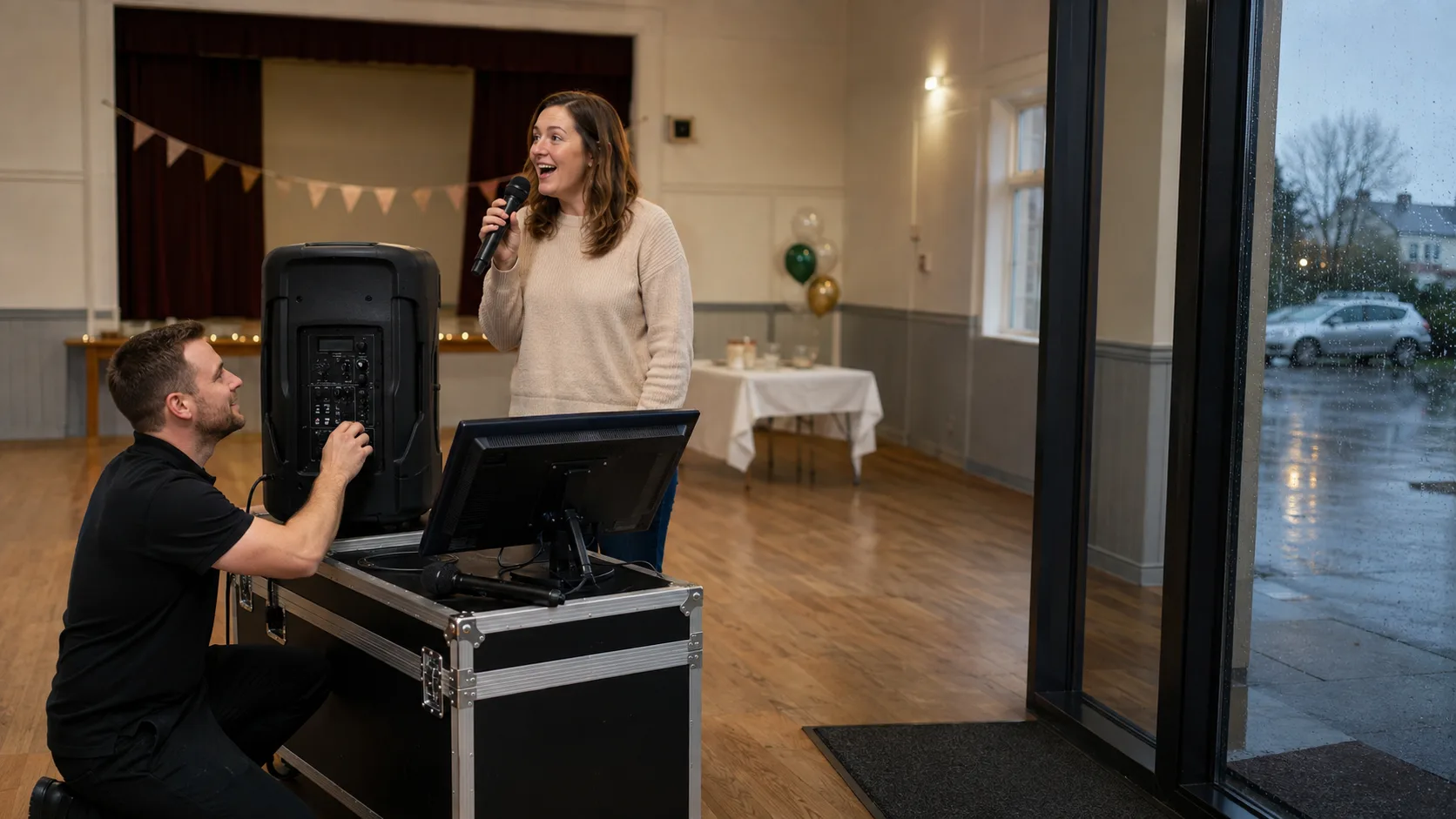 Technician setting up karaoke equipment inside a community hall in Ireland