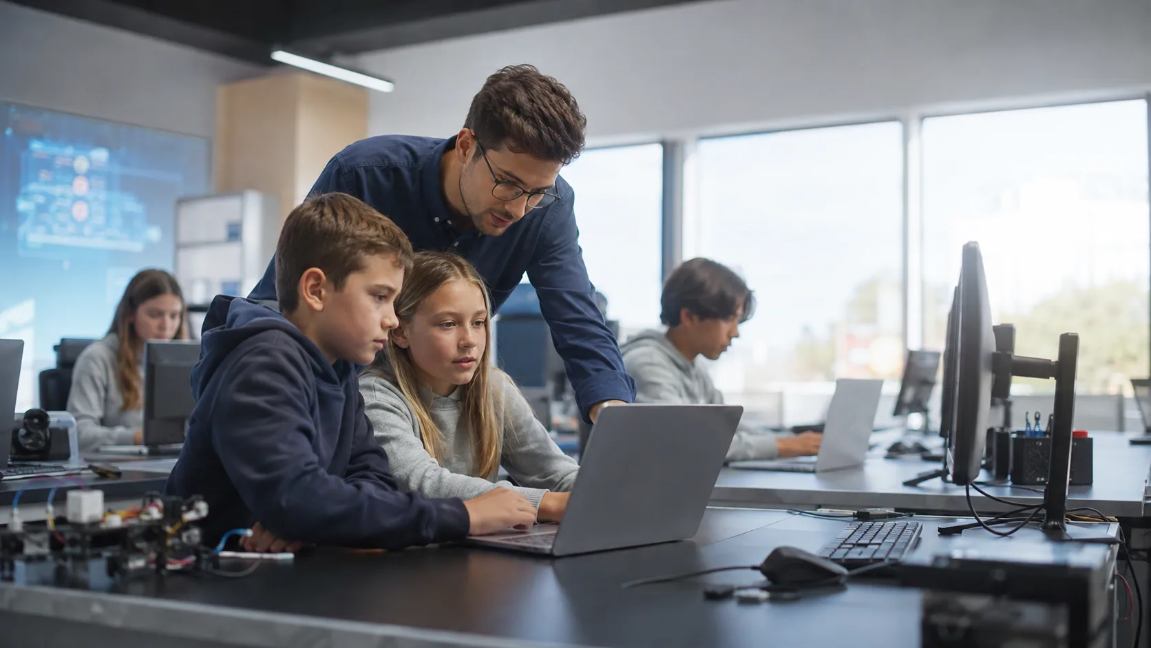 Children learning coding with an instructor in a library room in Ireland