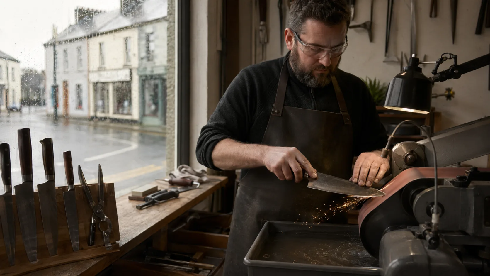 A mobile sharpener working a kitchen's knives on a bench in Ireland