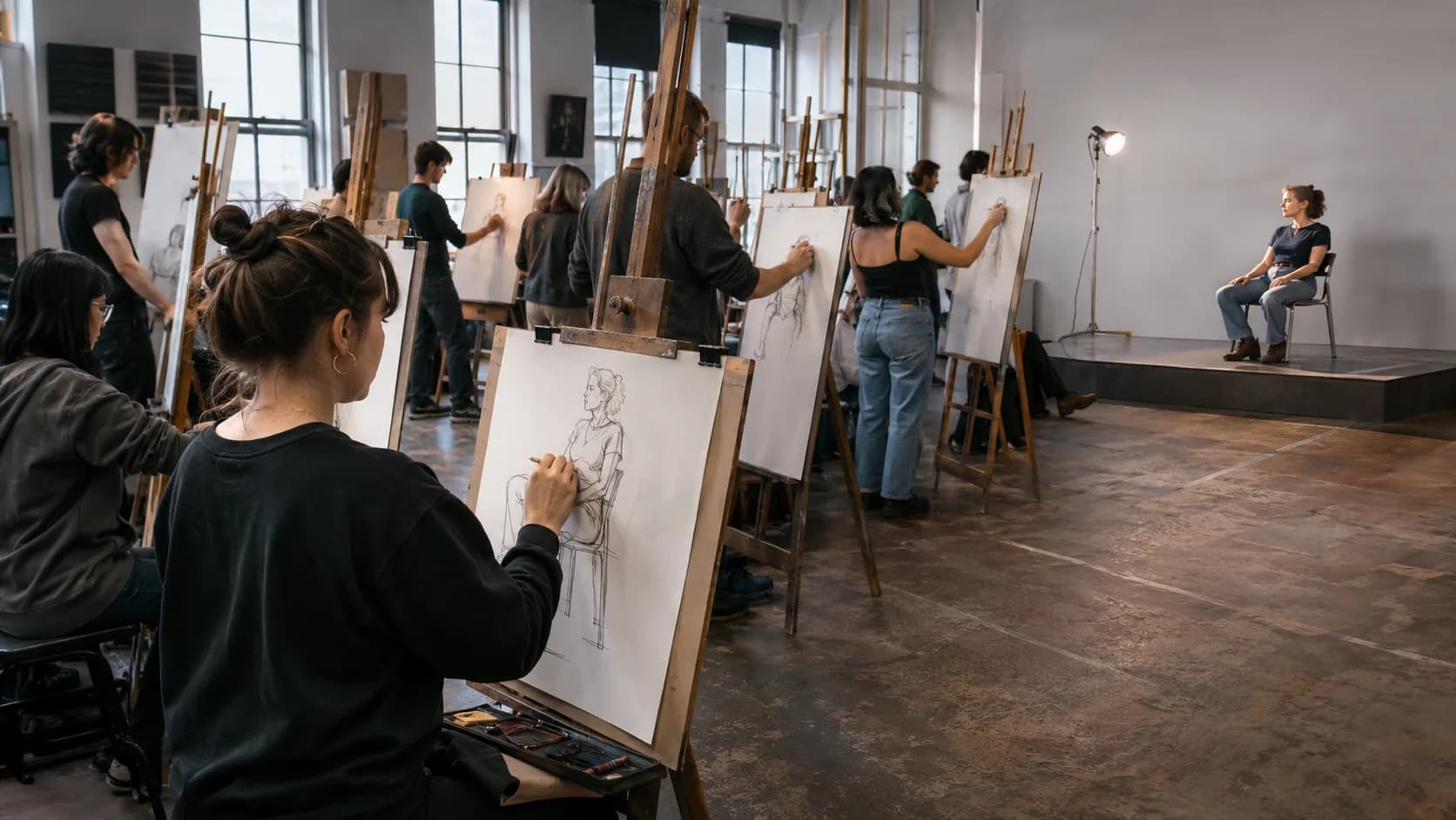 Artists sketching a draped model at an arts centre in Ireland