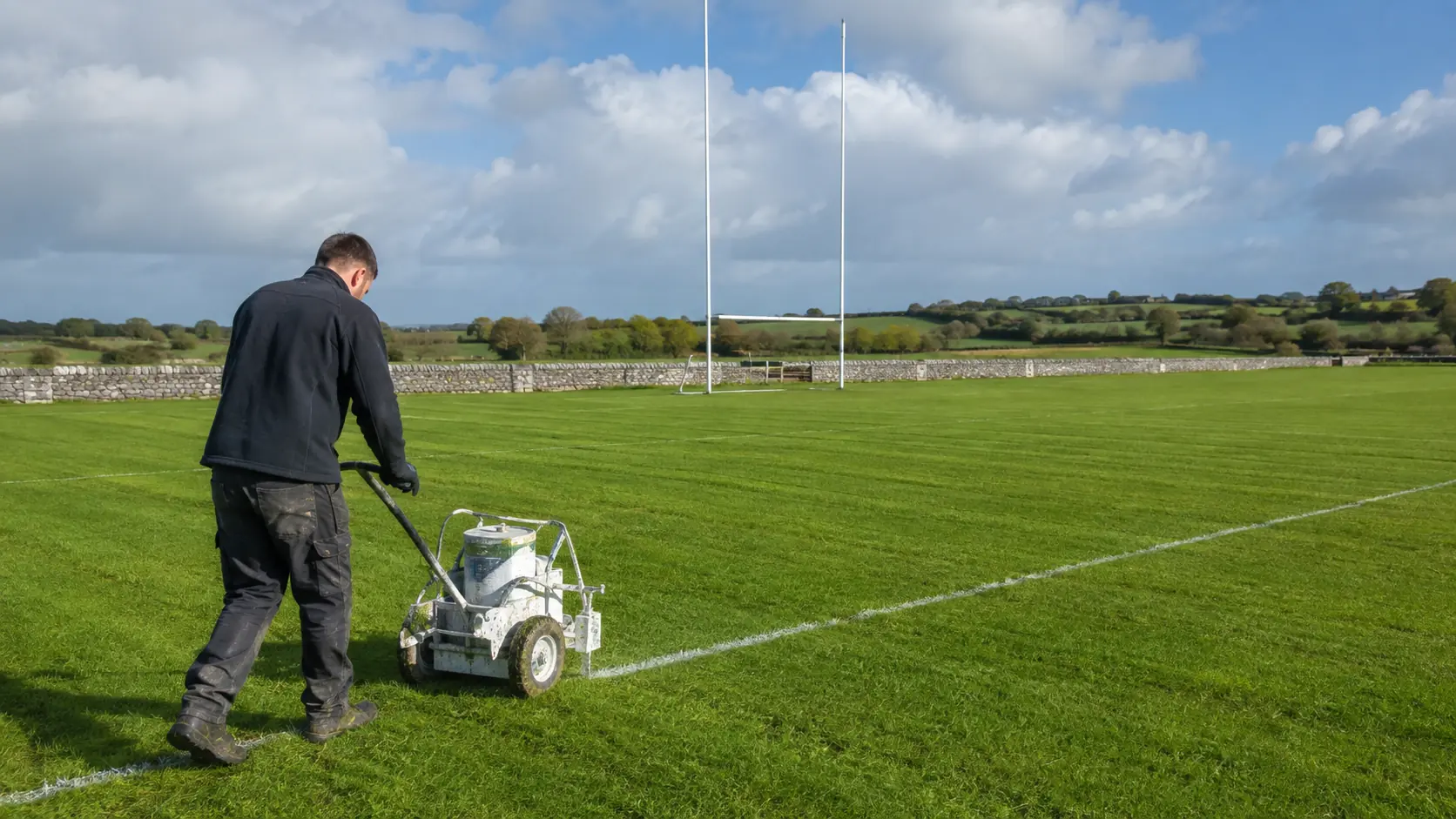 An operator marks lines on an Irish pitch beside a stone wall