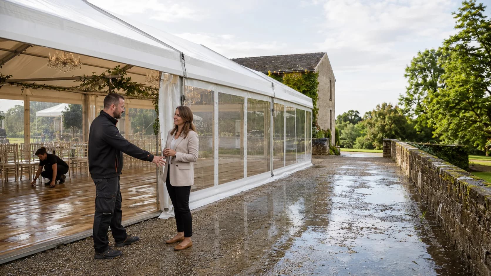 Operator greeting a client beside a marquee after rain in Ireland