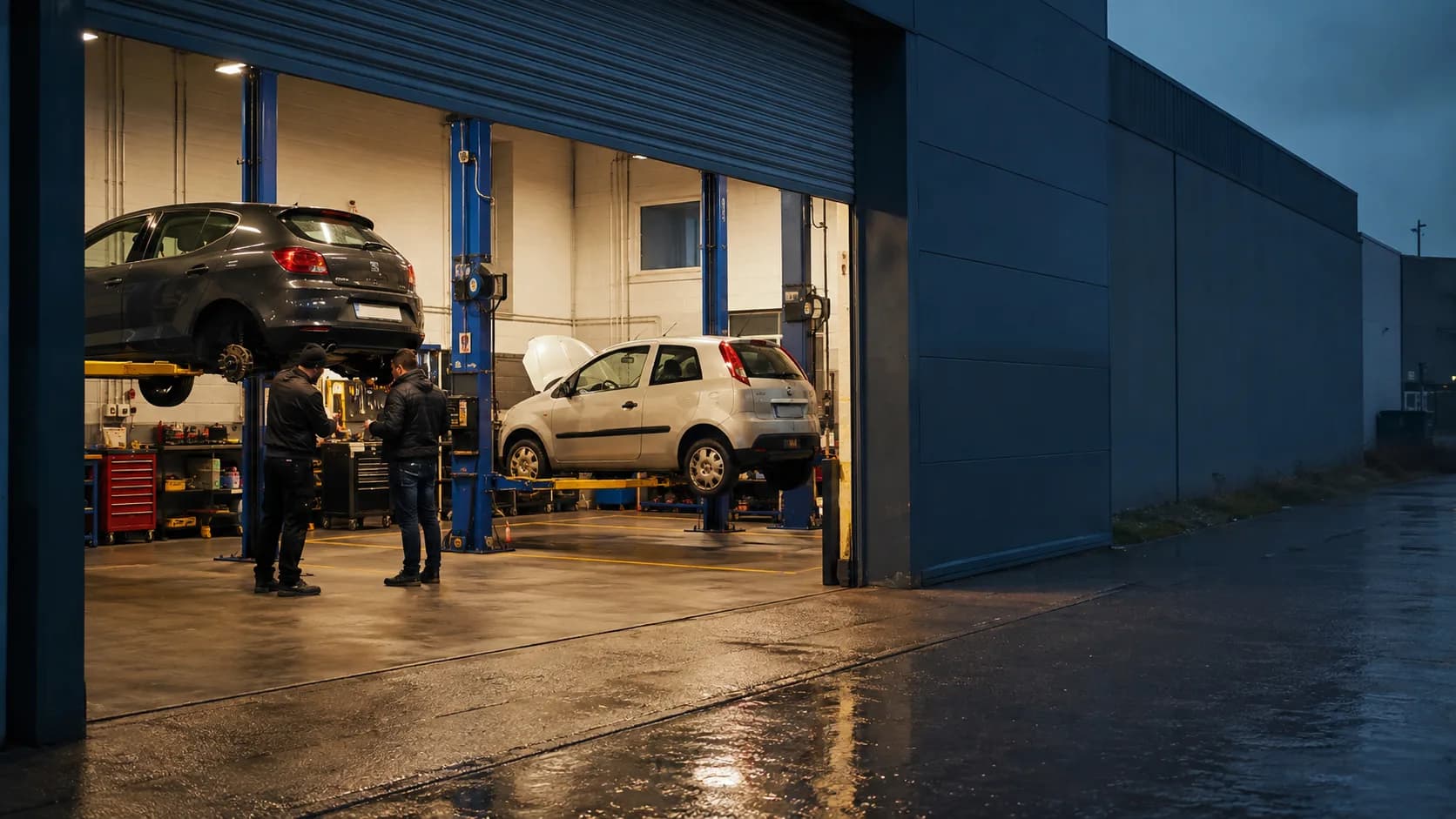 Owners service vehicles across occupied bays in an Irish workshop