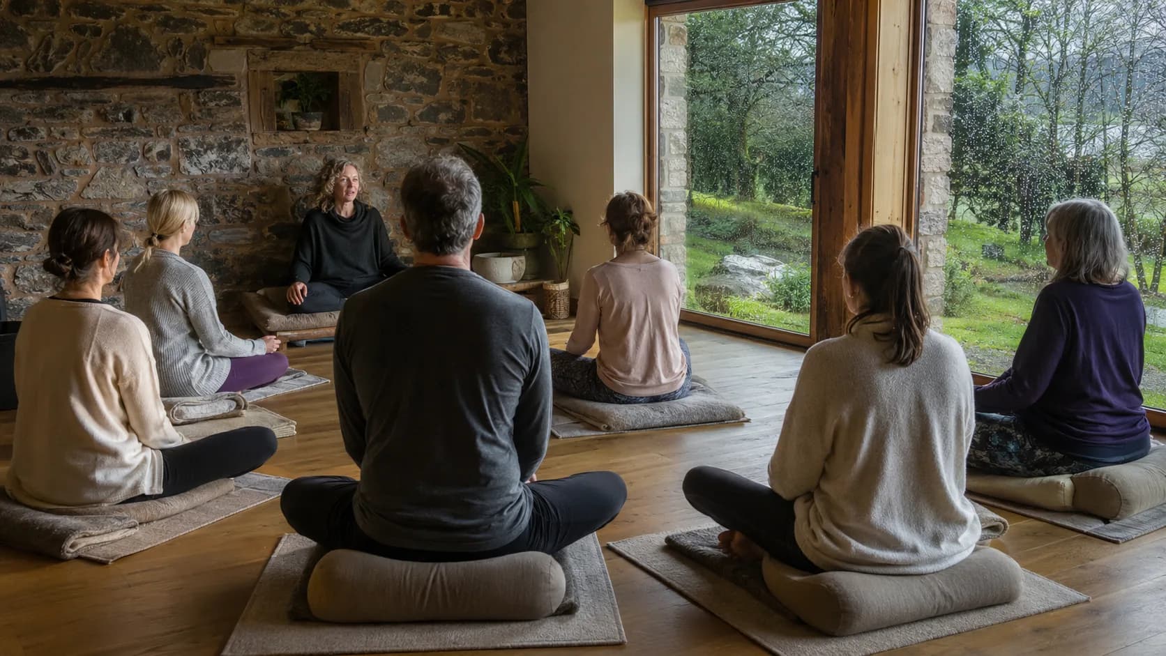 Small meditation retreat seated inside a warm room in Ireland