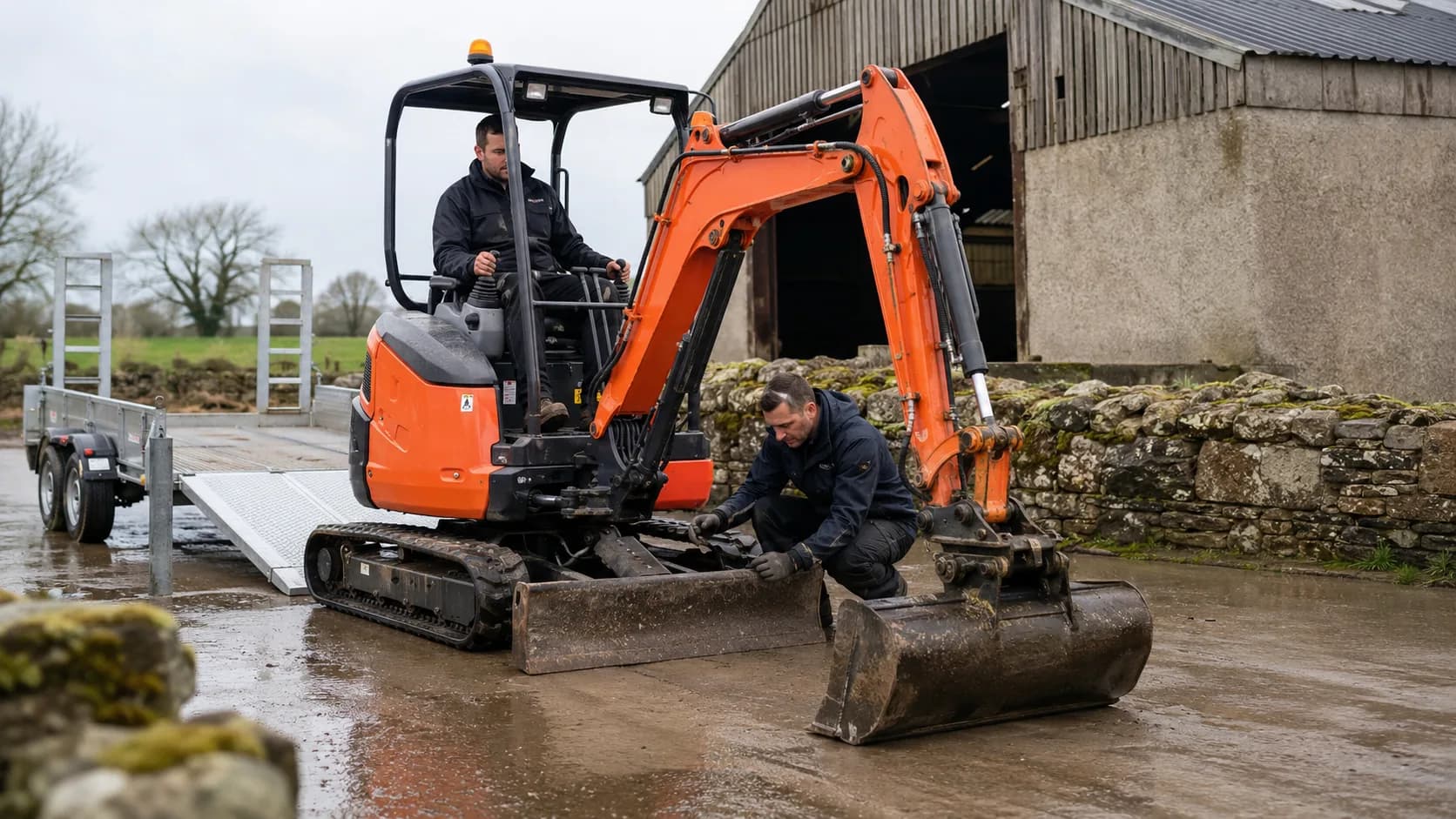 Crew checking a mini digger on a wet building site in Ireland