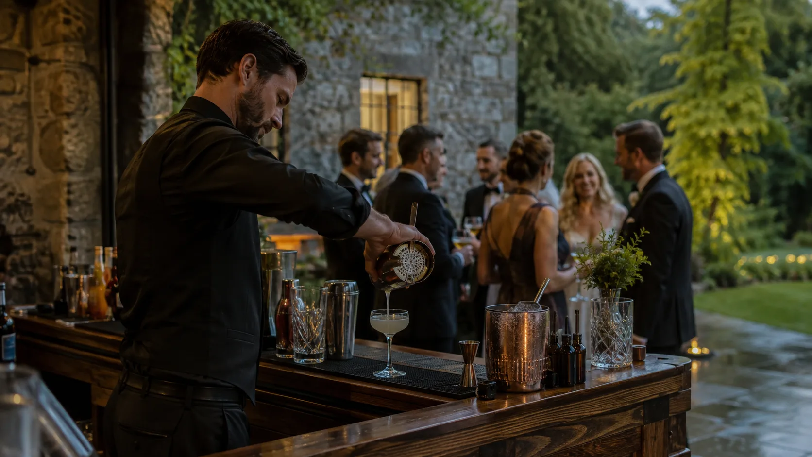 cocktail service pouring drinks at a restored stone venue in Ireland