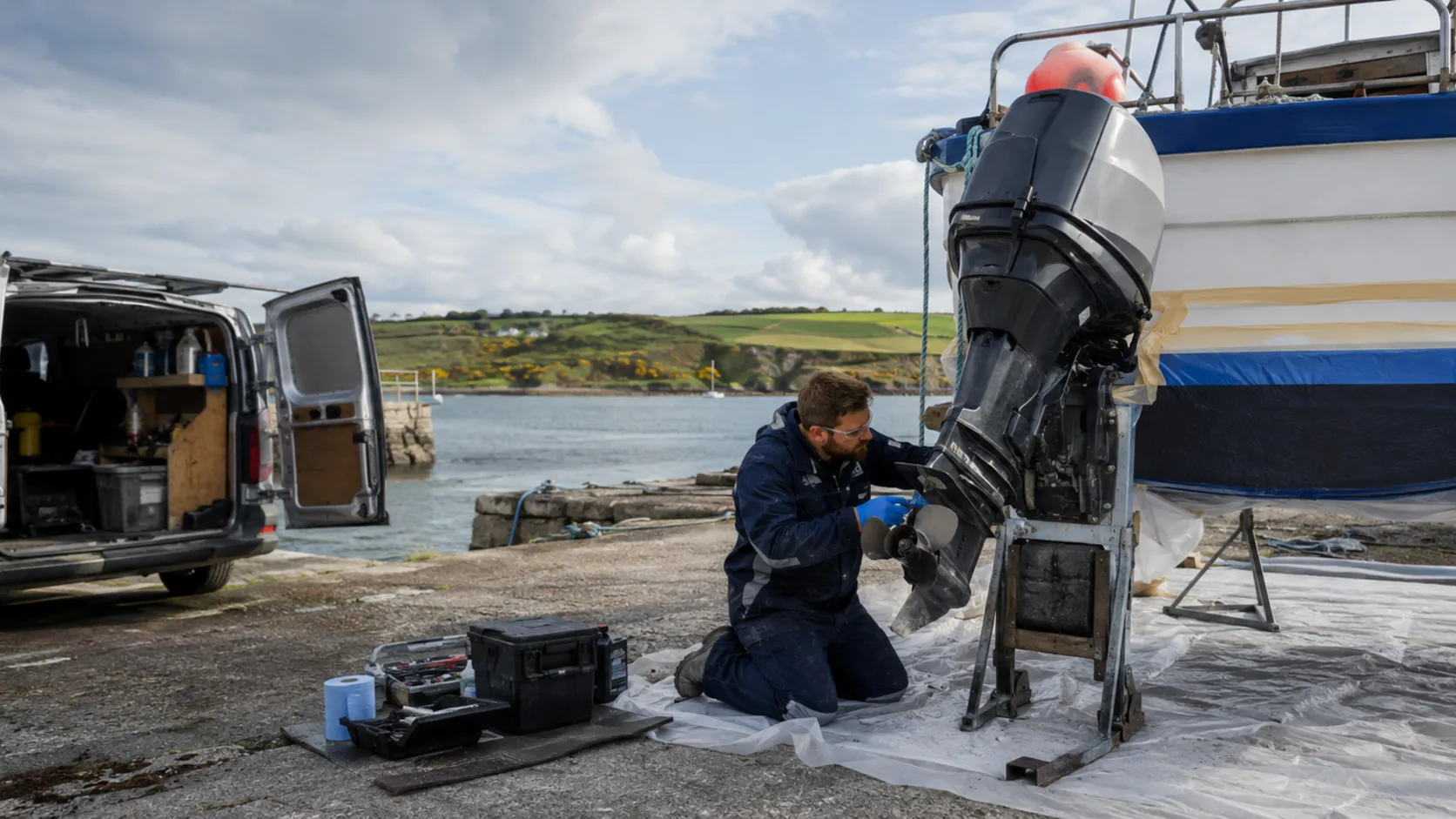A marine mechanic servicing an engine at a marina berth in Ireland