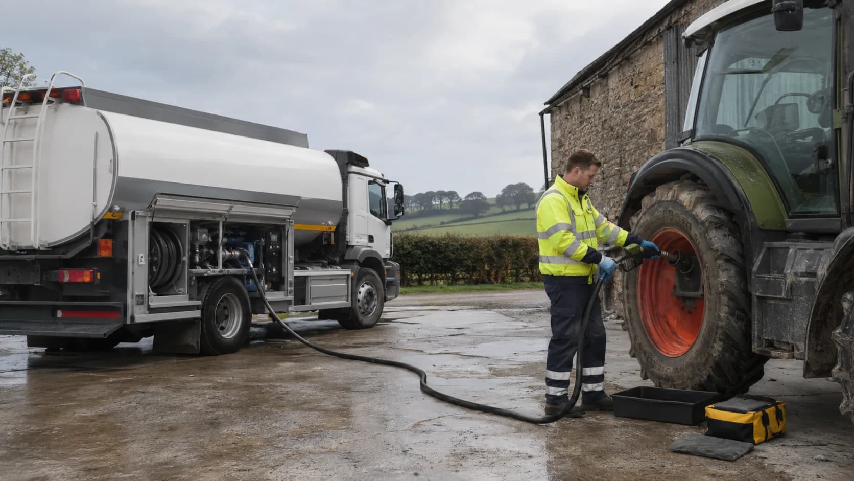 A tanker refuelling a tractor in a farmyard, the hose run out across the concrete
