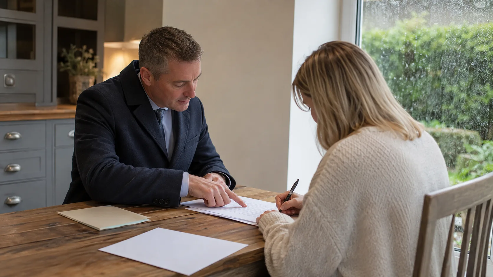 A notary witnesses a client signing paperwork at a table in an Irish kitchen