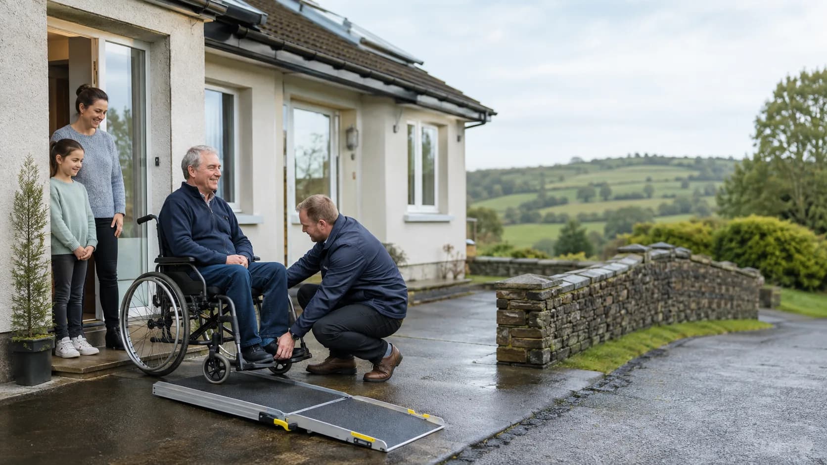 Crew fitting a wheelchair beside a ramp at an bungalow in Ireland