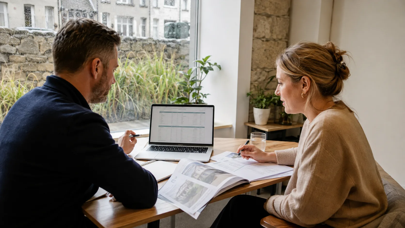 A mortgage broker compares lending scenarios with a buyer in Ireland