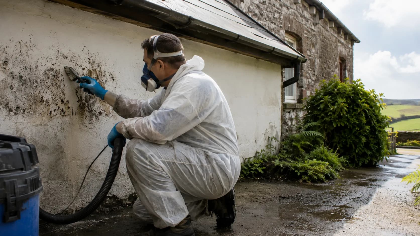A specialist in protective gear treating a bedroom ceiling in a house in Ireland