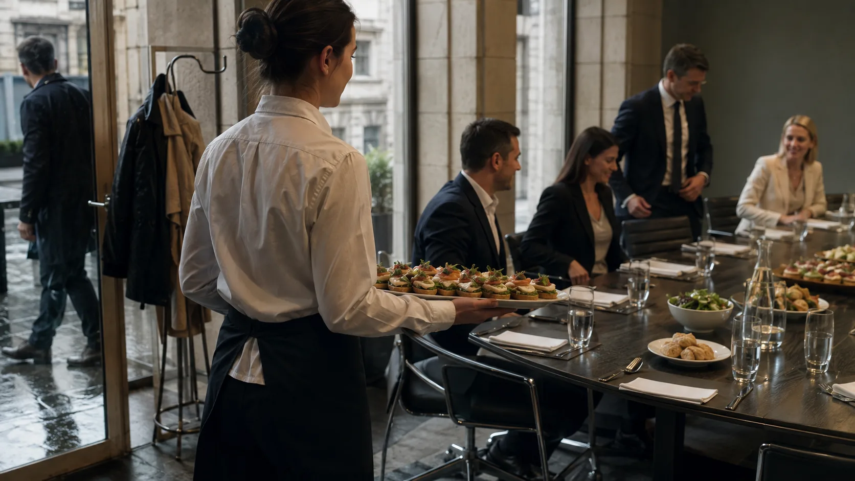 catering team carrying lunch into a wet-weather boardroom meeting in Ireland