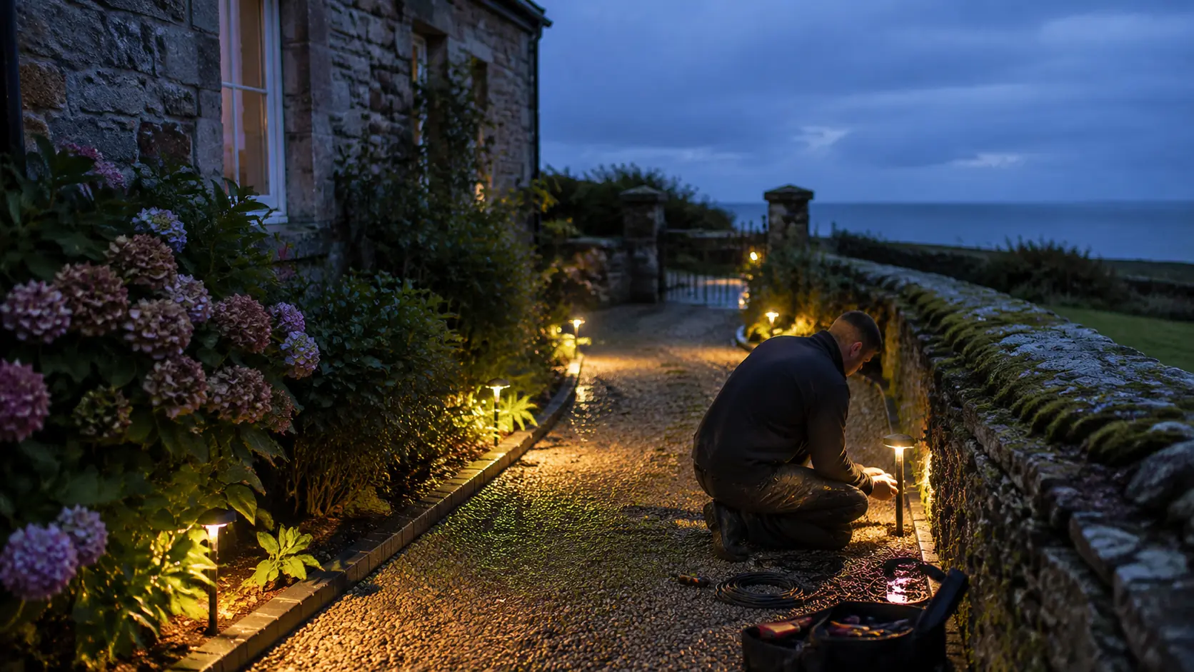 An installer sets path lights along a stone wall in an Irish coastal garden at dusk