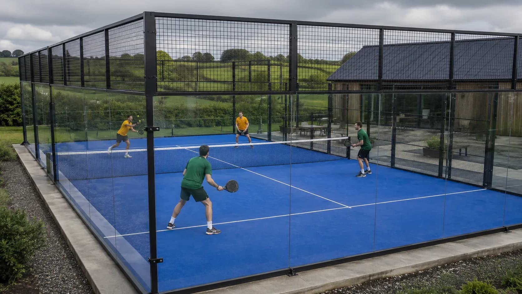 A glass-walled padel court at an Irish club under floodlights, ready for evening doubles