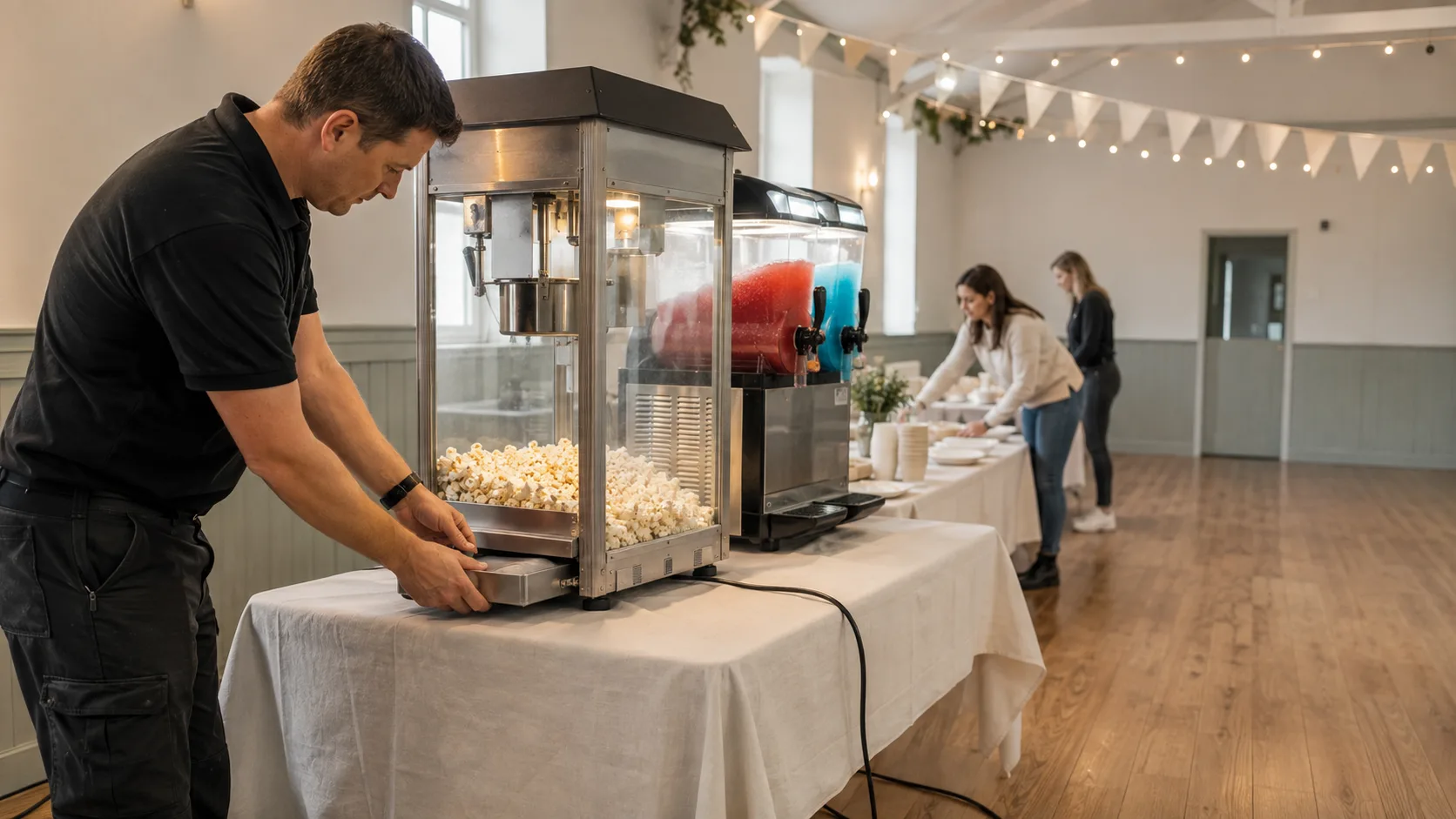 A candy floss machine and popcorn cart at a parish hall communion party in Ireland