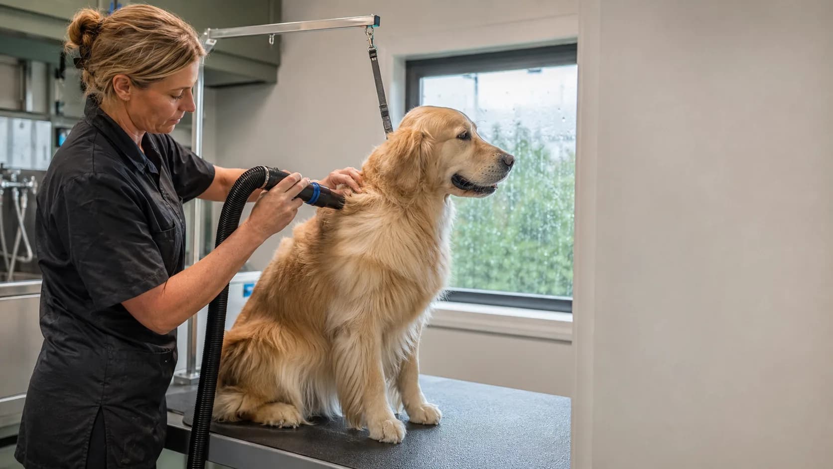 A groomer dries a golden retriever at a table in an Irish salon