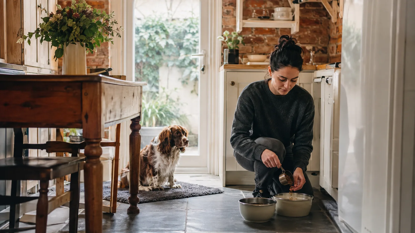 A pet sitter feeding a dog in its owner's home in Ireland