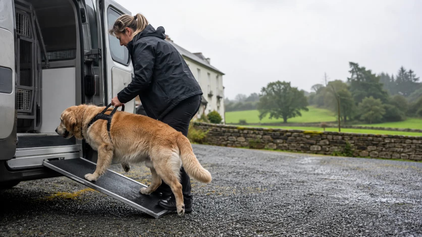 A driver walks a retriever up a ramp into a van on an Irish country road