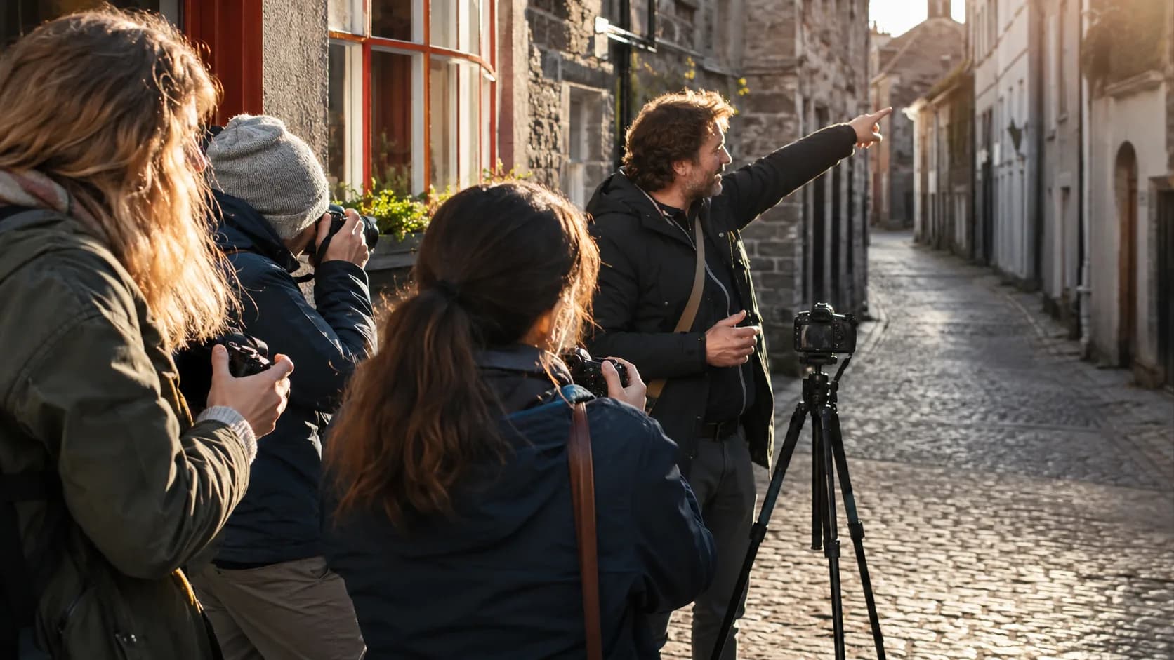 Tutor leading a street photography workshop on an old street in Ireland