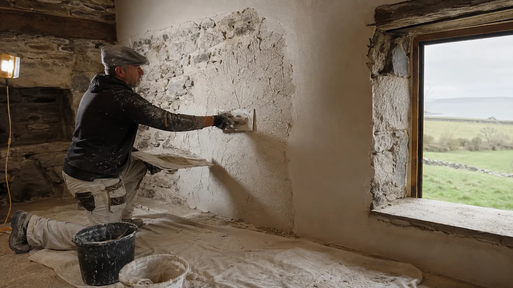 A plasterer skimming a wall inside a house in Ireland