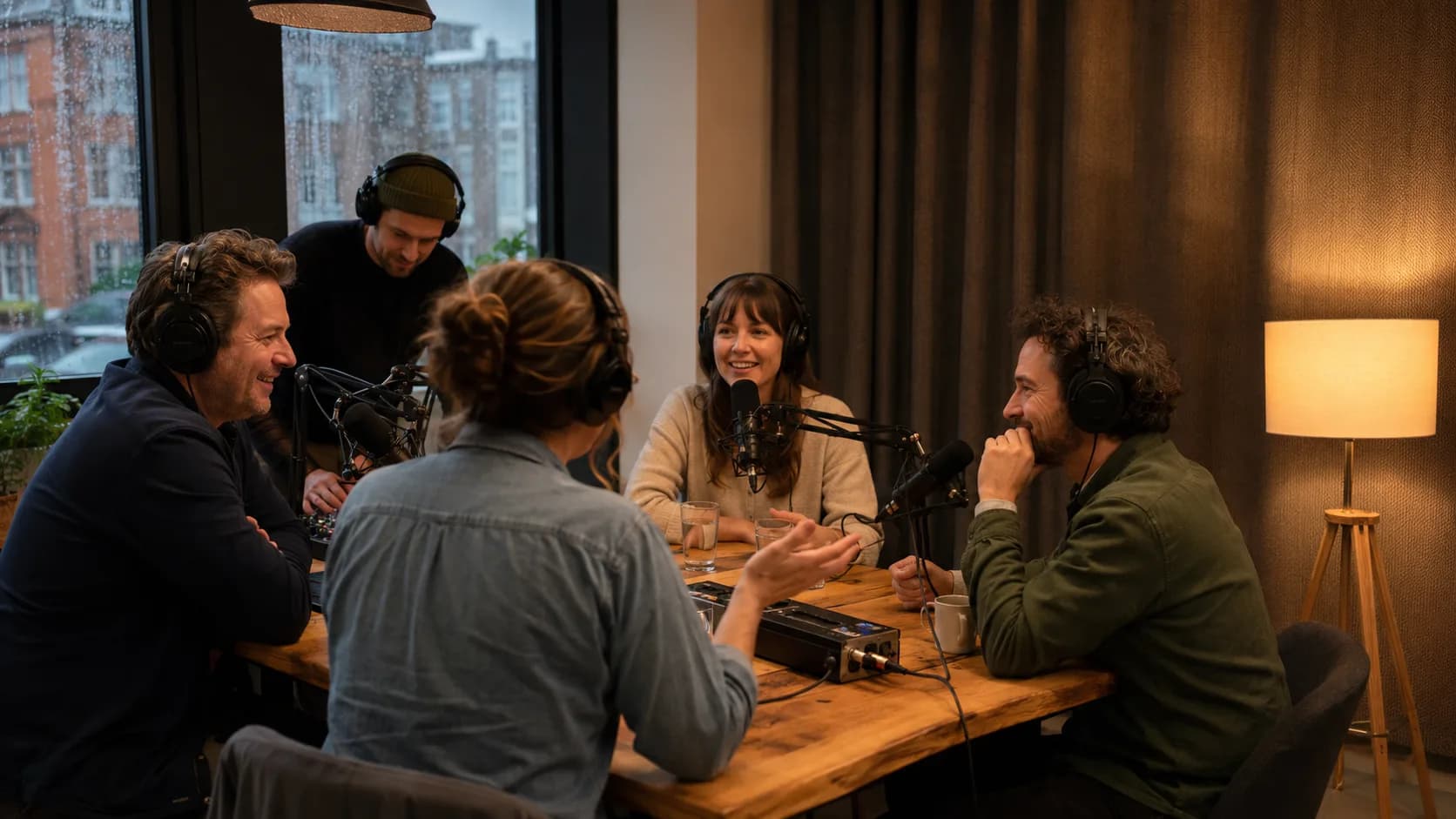 Hosts record a conversational show inside a welcoming Irish podcast studio