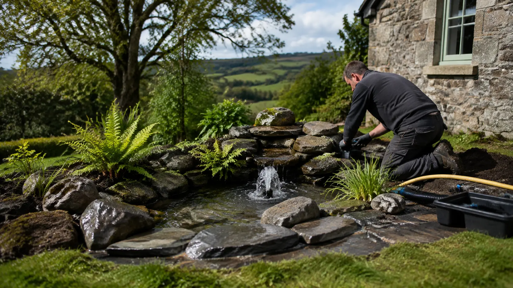 A technician adjusts a small waterfall beside a stone Irish cottage