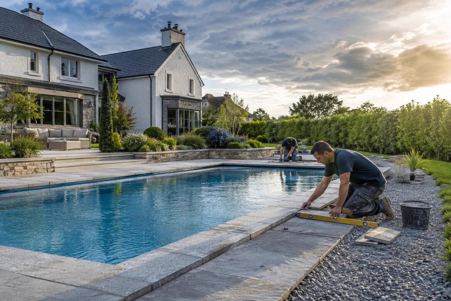 A crew shaping the shell of a new backyard pool in Ireland