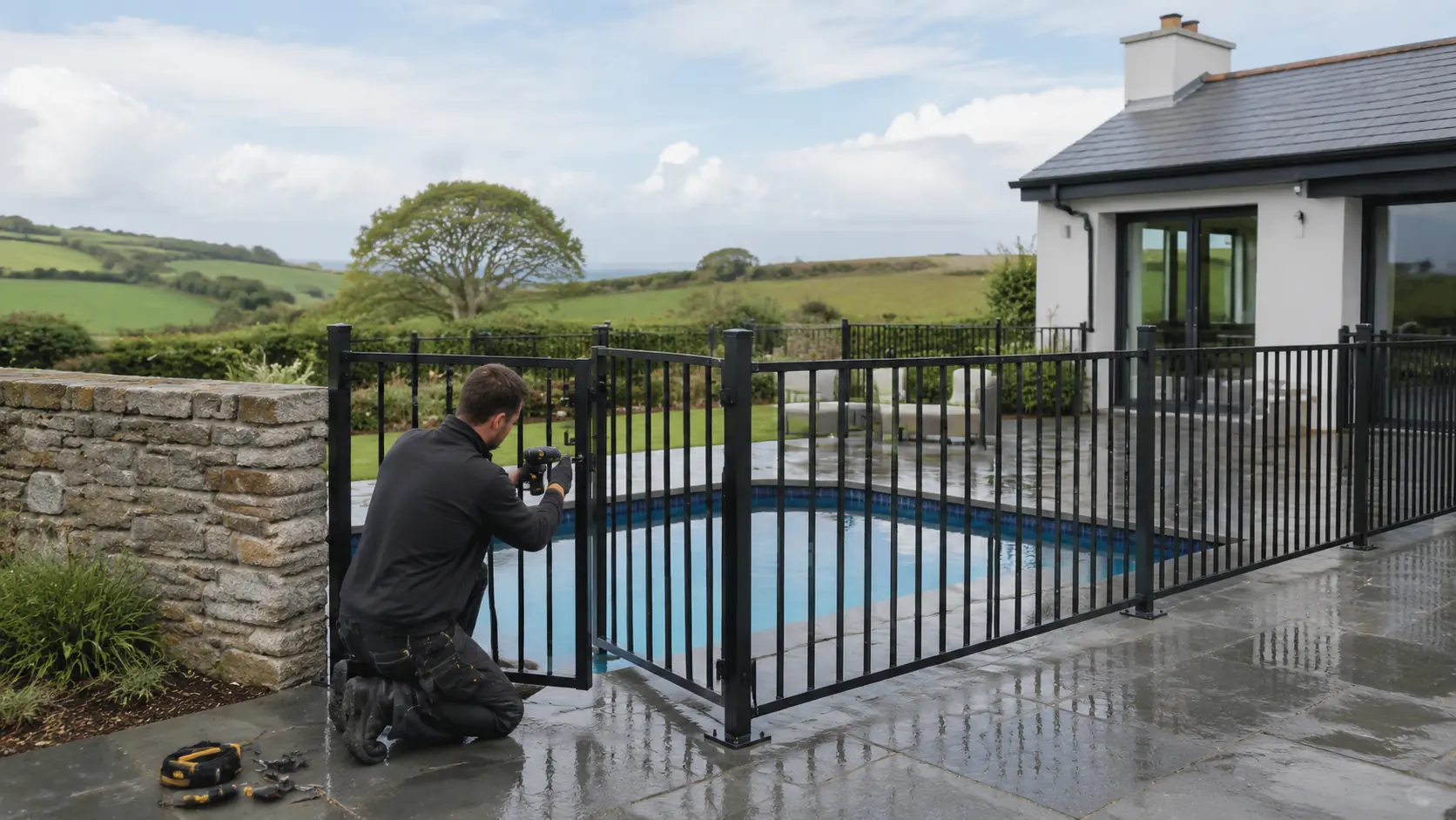 An installer adjusts a pool gate on a wet patio at an Irish house with fields behind