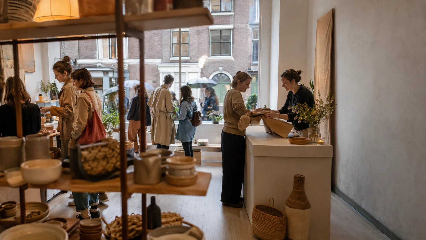 Staff prepare an active pop-up shop as customers begin arriving