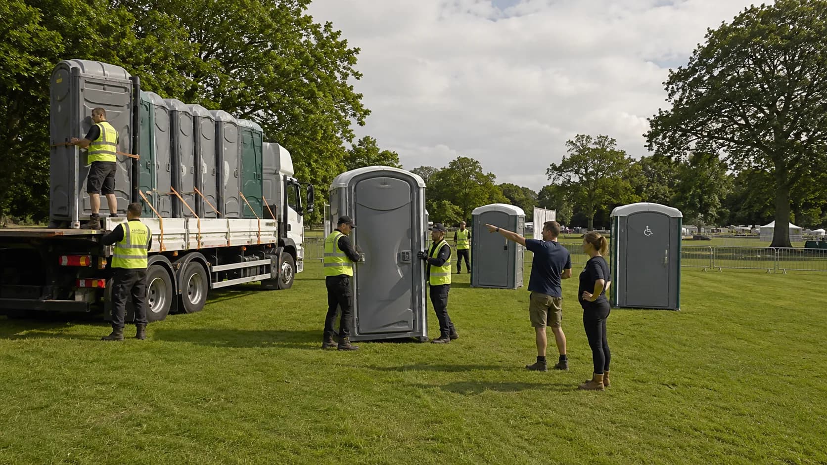 Customers collect booked portable toilet unit model from an active business in Ireland