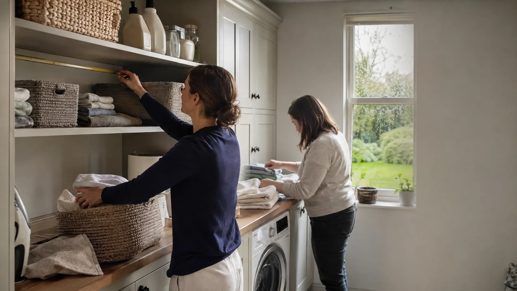 An organiser folds linen into baskets with a client in an Irish utility room