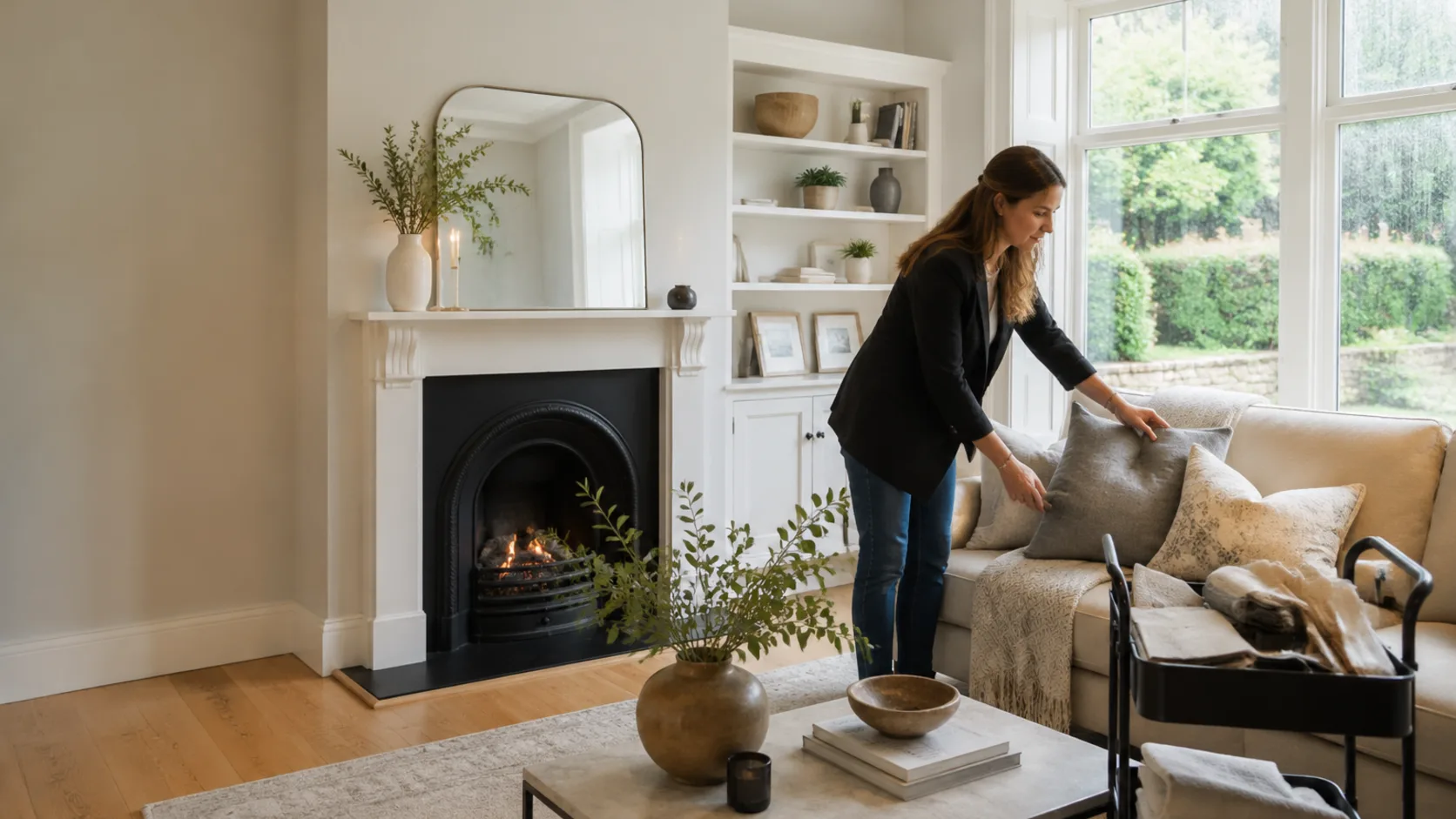 A stylist dressing an empty living room for sale in Ireland