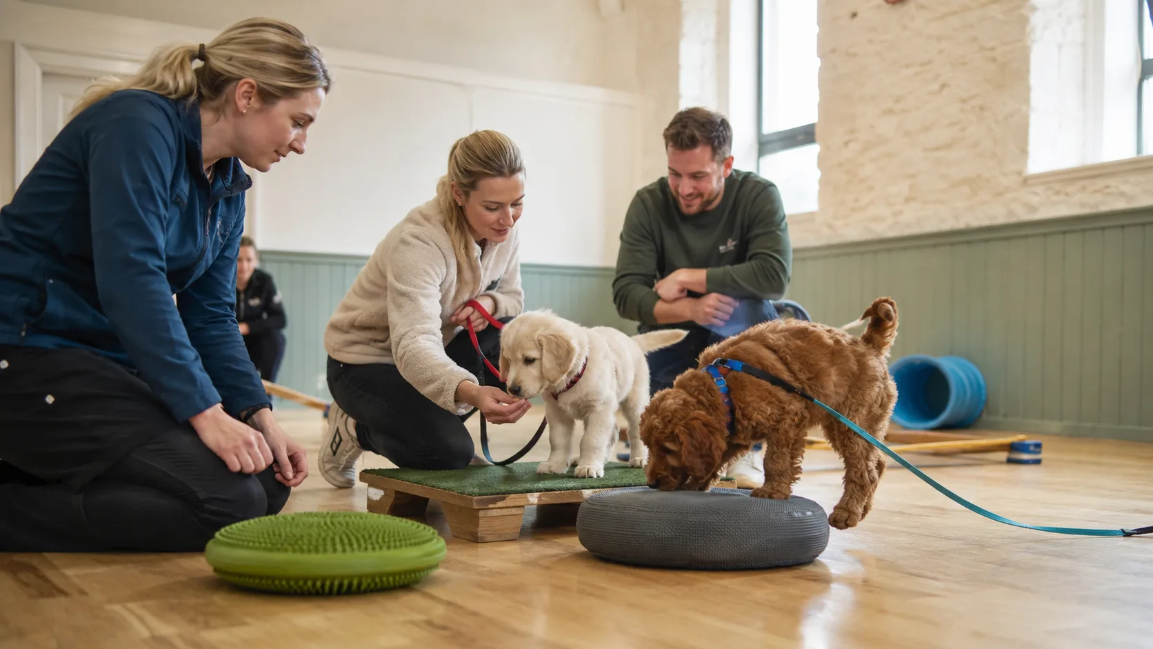 A dog trainer leads puppy socialisation inside a community hall in Ireland