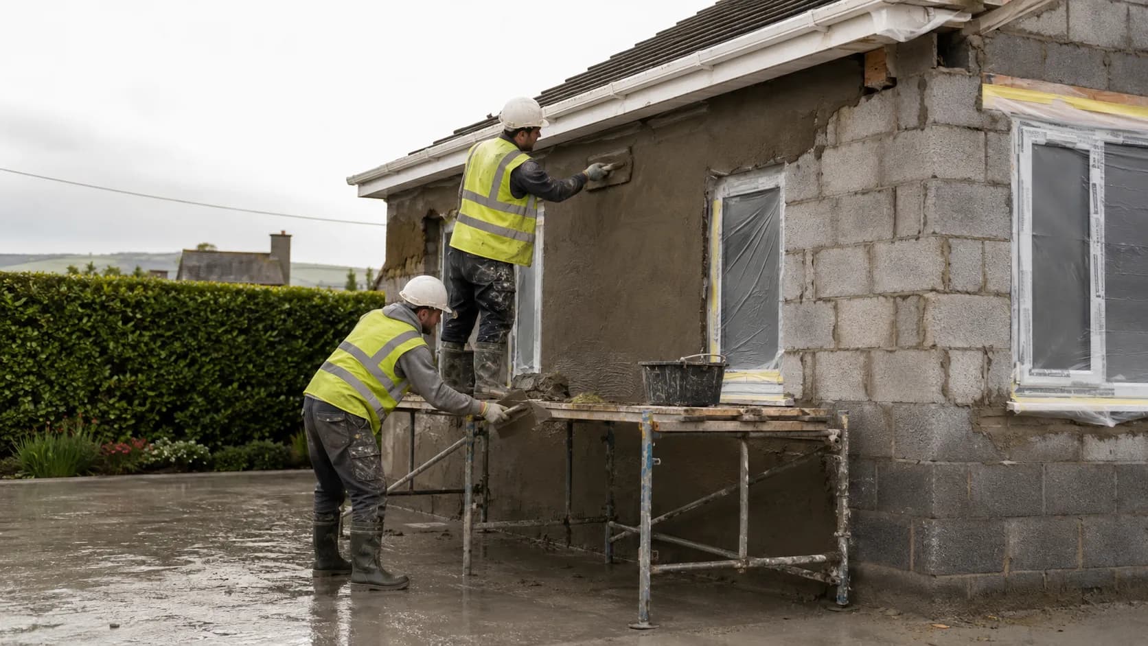 A renderer floating a coat of render onto a house wall in Ireland