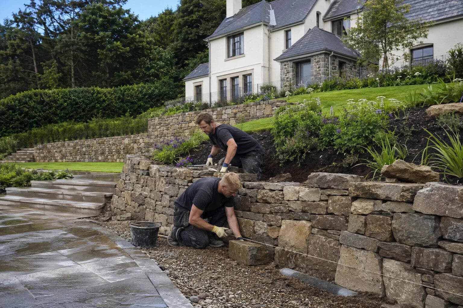 A builder setting a retaining wall in a sloping back garden in Ireland