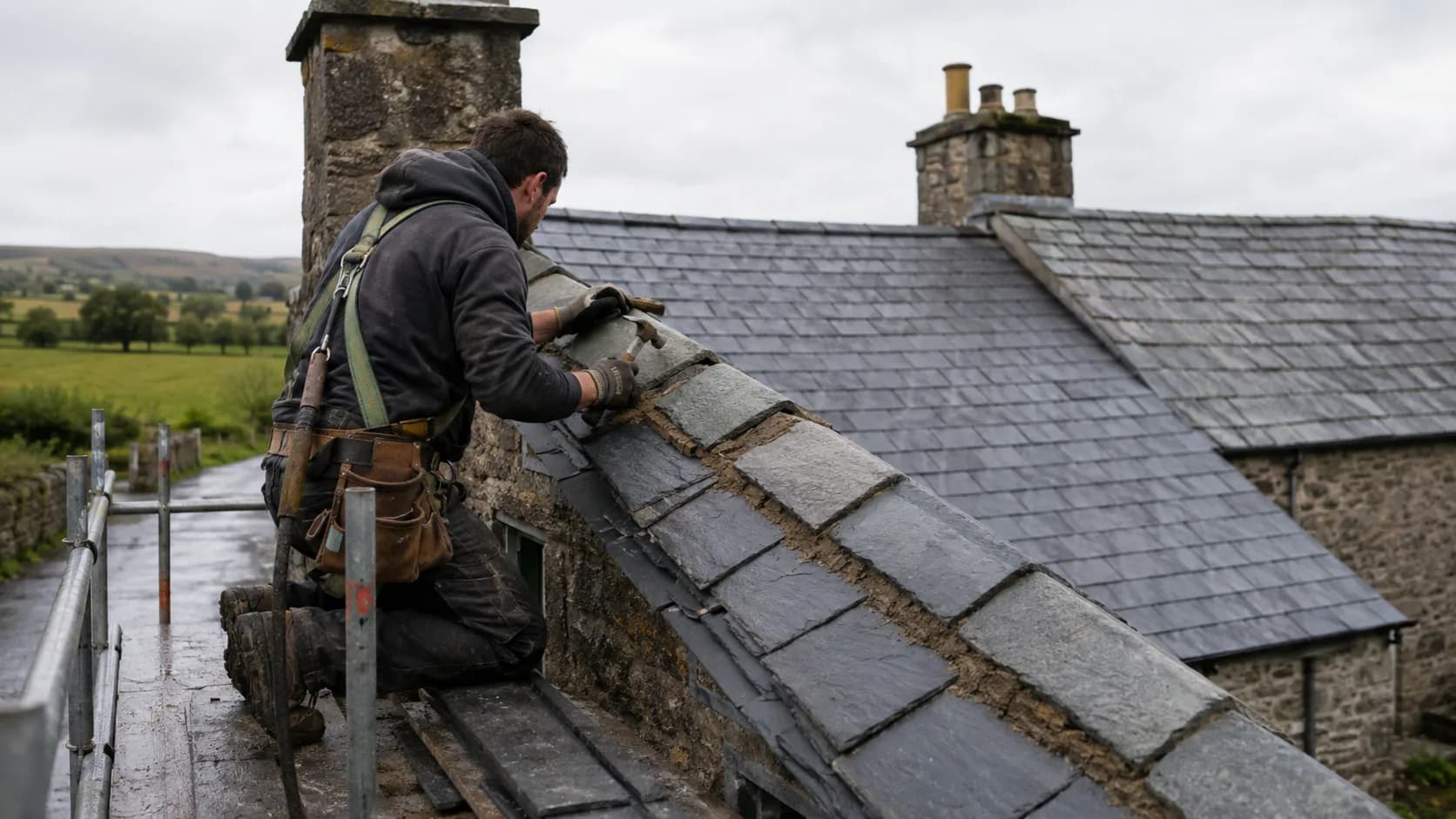 A roofer at work on a house roof in Ireland