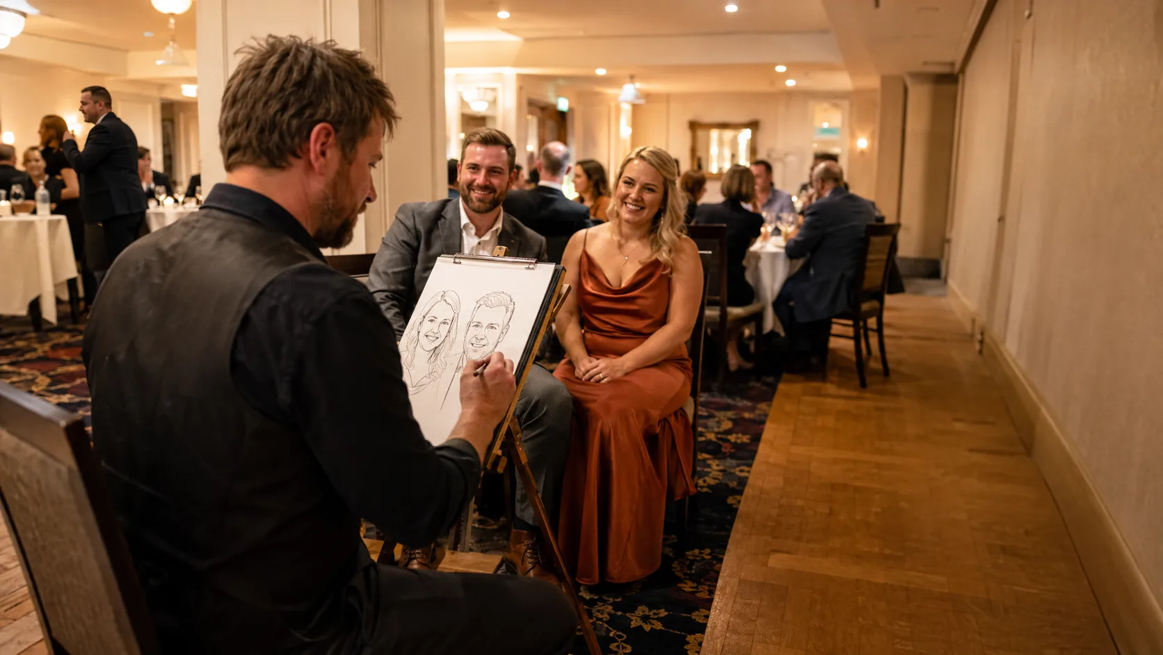 Caricaturist sketching a guest at a lively event in Ireland