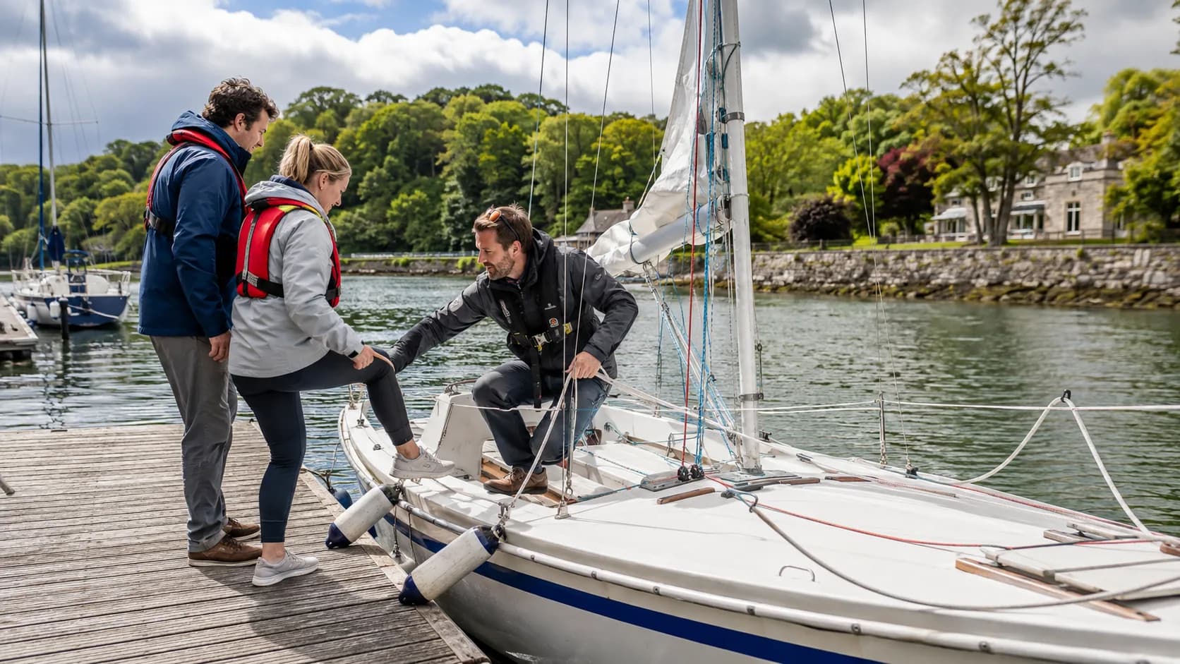 For sailing courses, sailing students board a training boat from a pontoon in Ireland