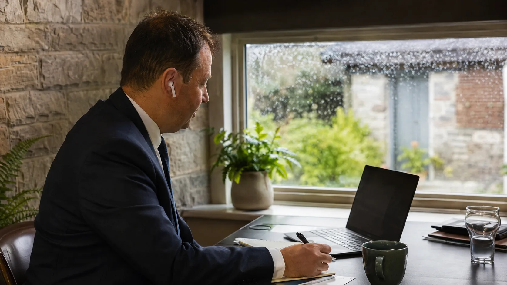A sales professional takes notes during a scheduled video call in Ireland