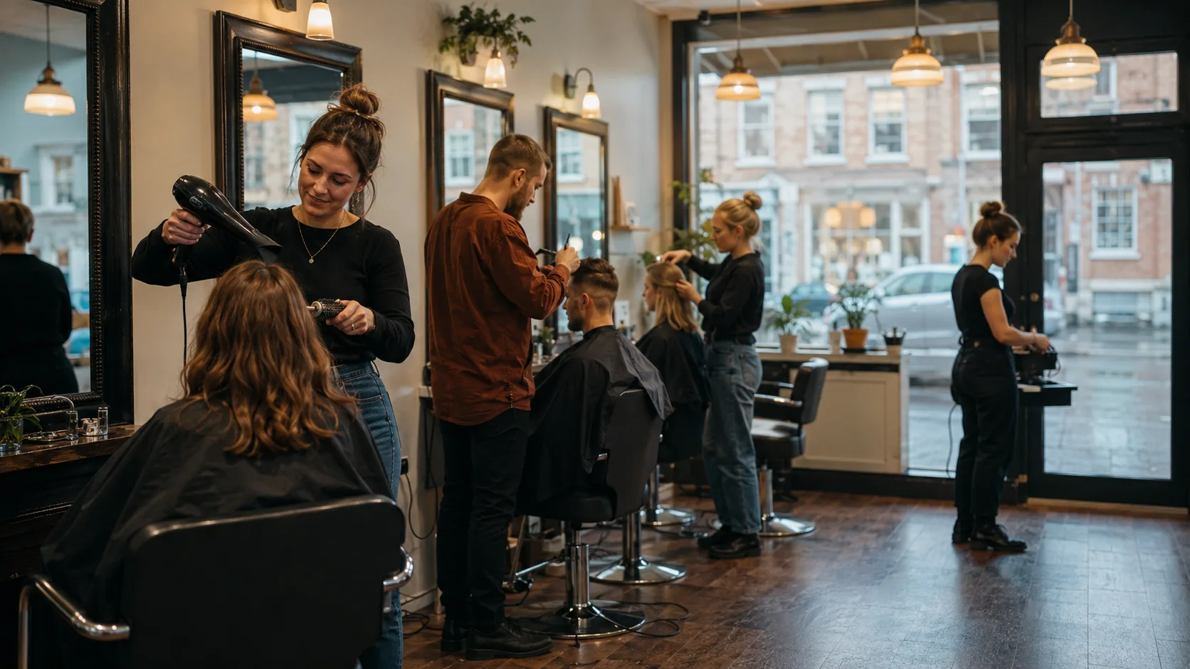 Independent stylists work from occupied chairs inside a bright shared salon