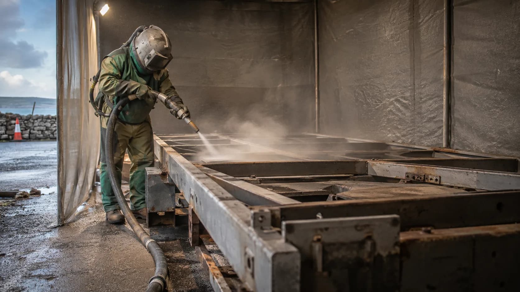 A blaster stripping rusted steel back to bare metal in Ireland