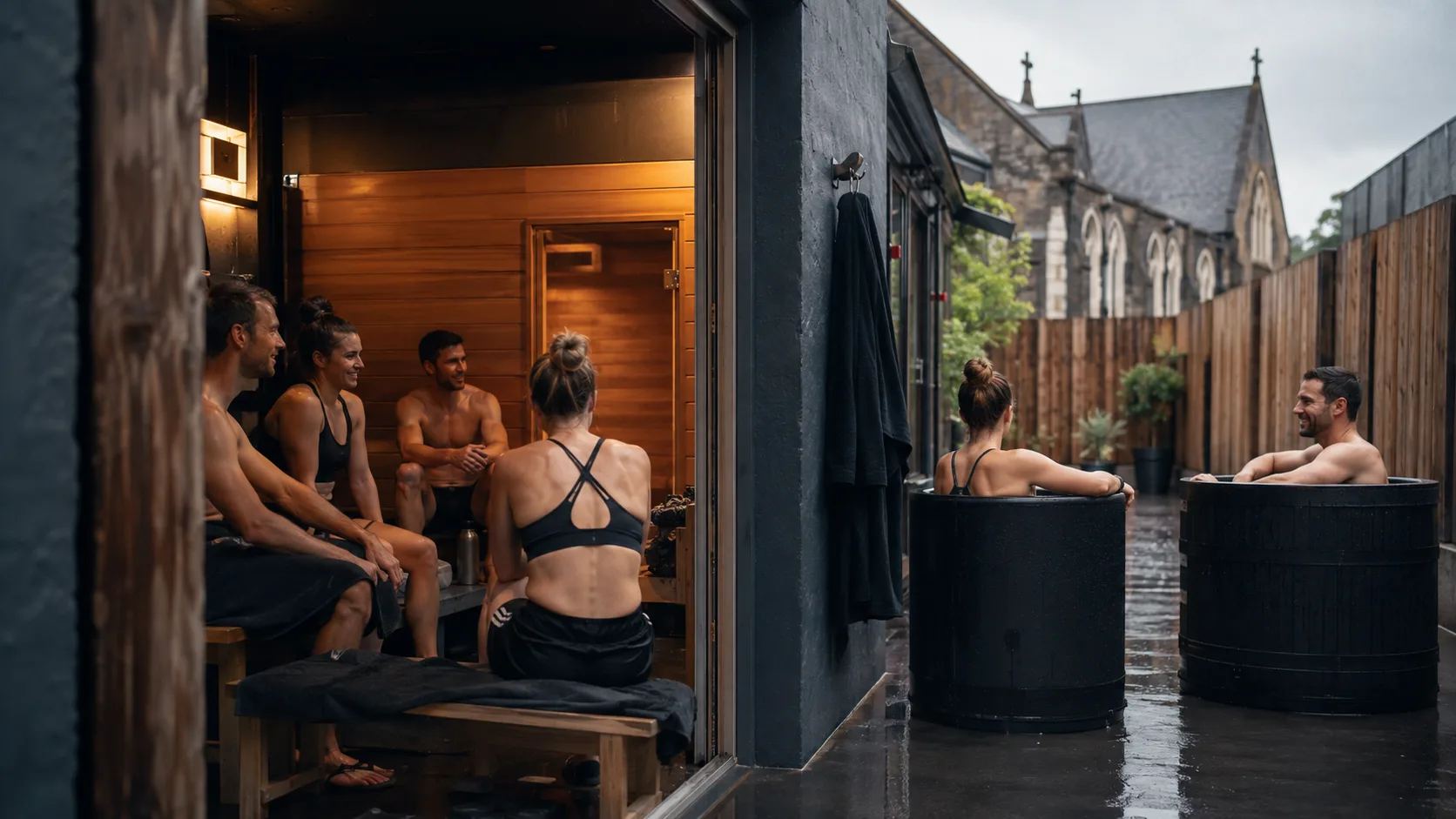 Customers arrive at an Irish sauna suite during a booked session