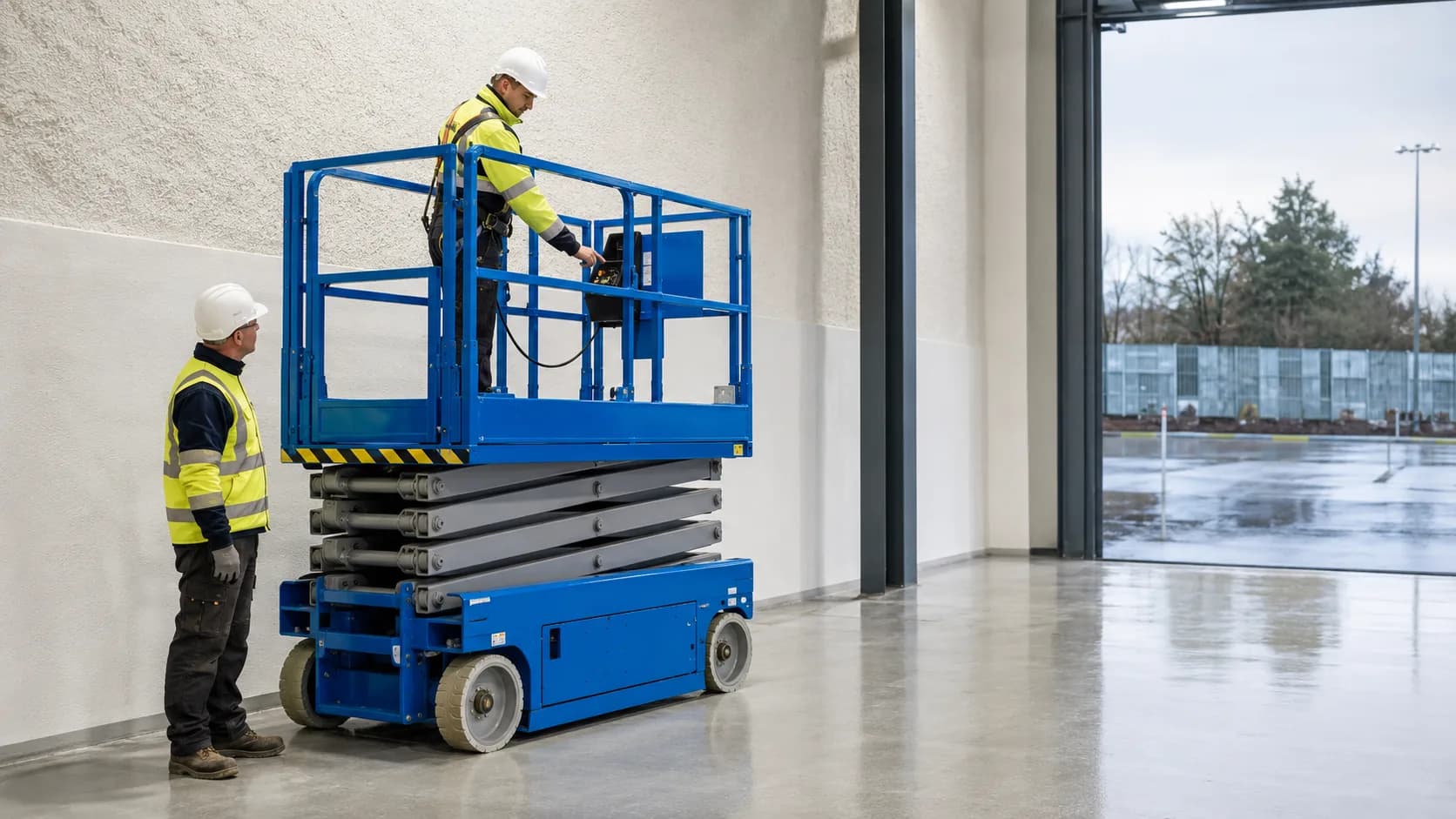 Operator inspecting a scissor lift inside an facility in Ireland