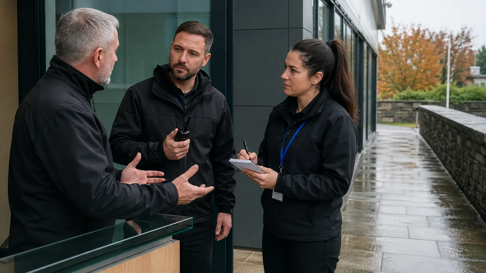 Security trainees rehearse calm access control with radios and incident notebooks in Ireland