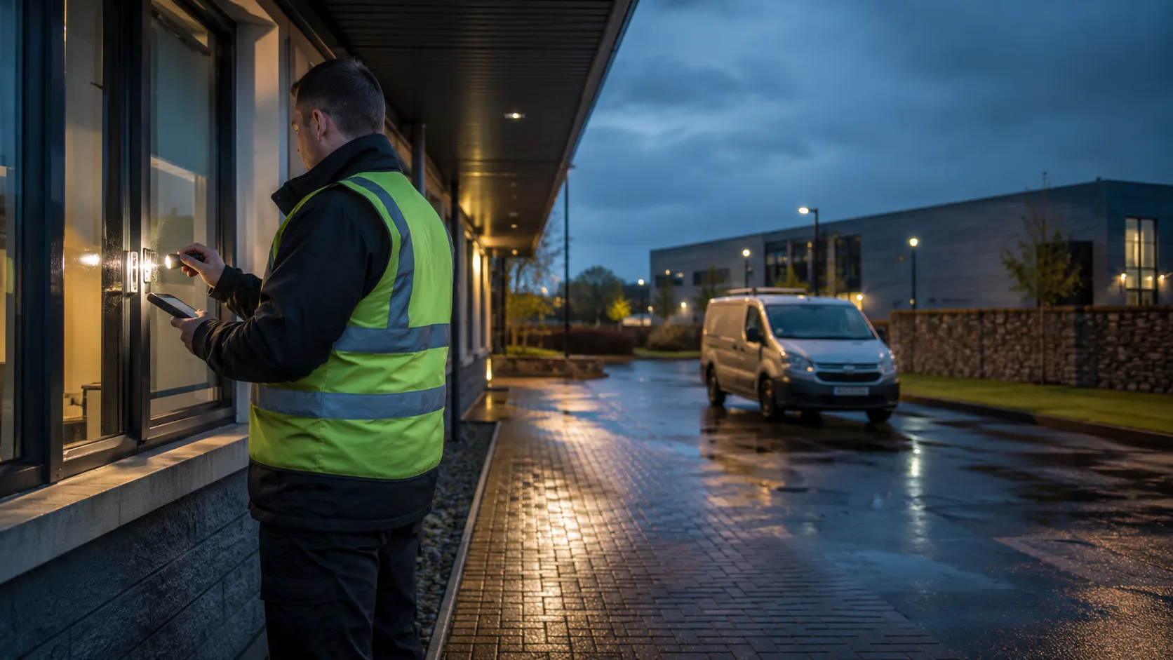 A patrol officer in a hi-vis vest checks a door at an Irish business park at dusk