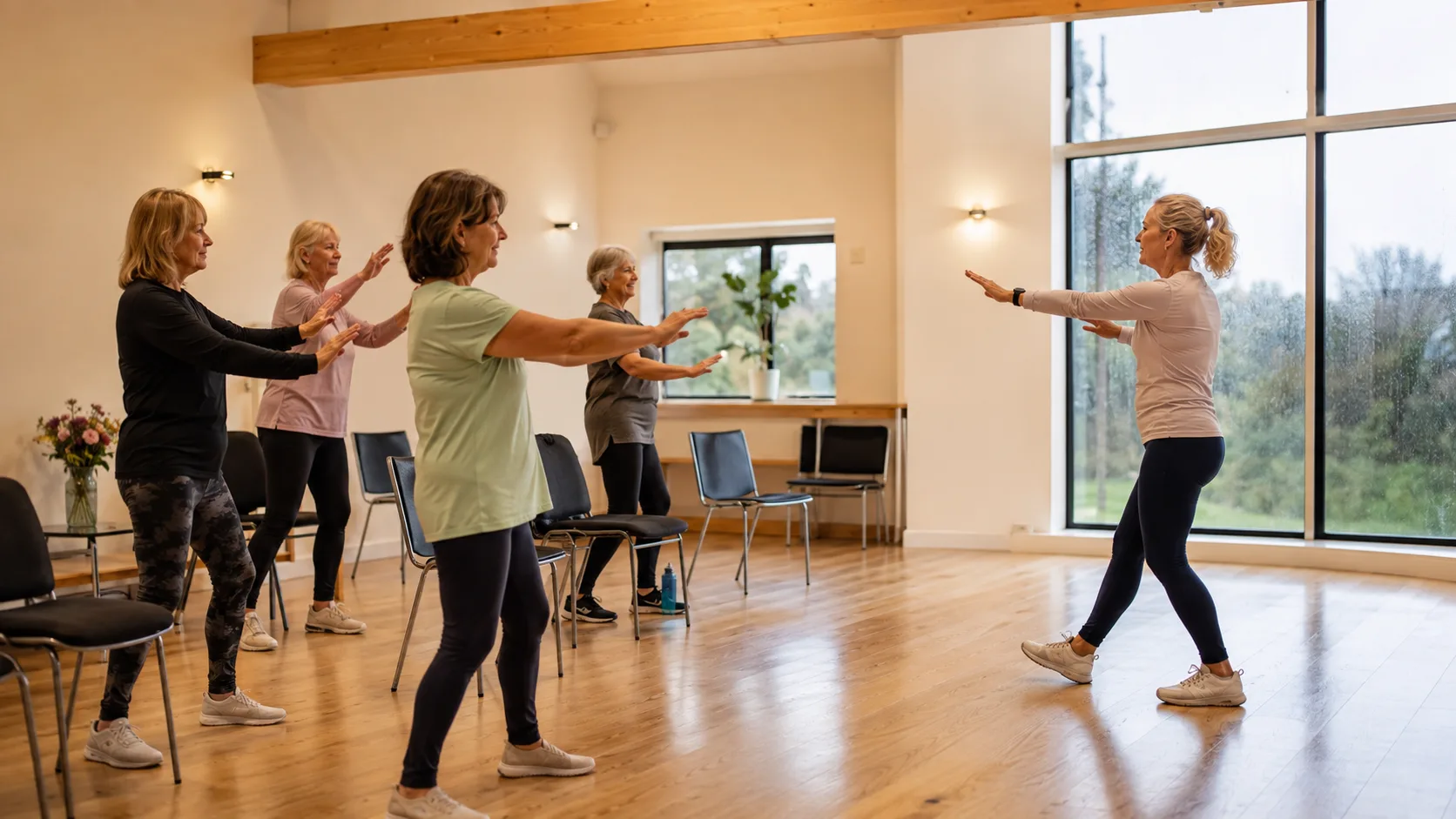 A fitness instructor leads gentle movement in a community room in Ireland