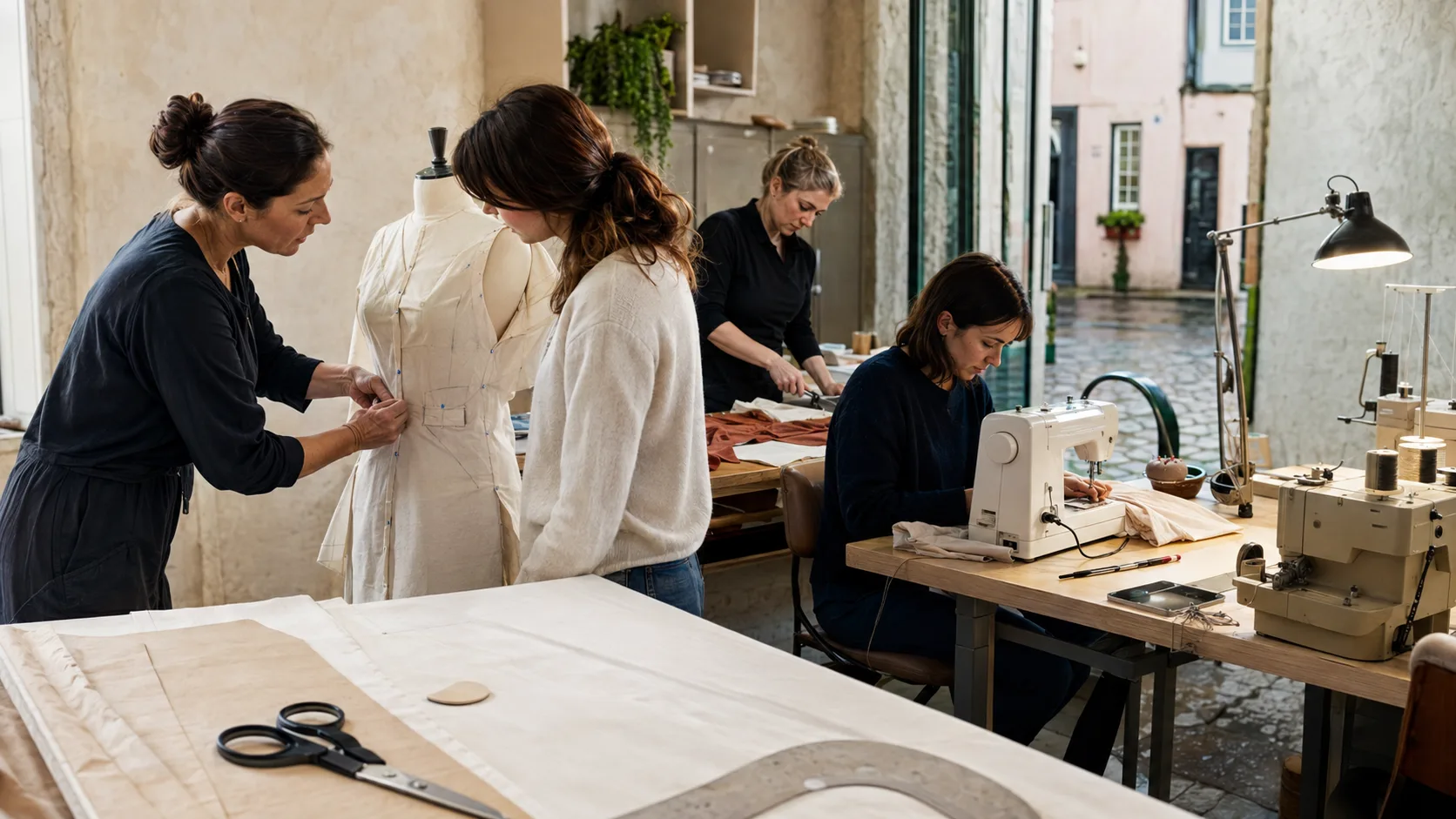 A tutor guides makers using sewing machines in an active dressmaking class in Ireland